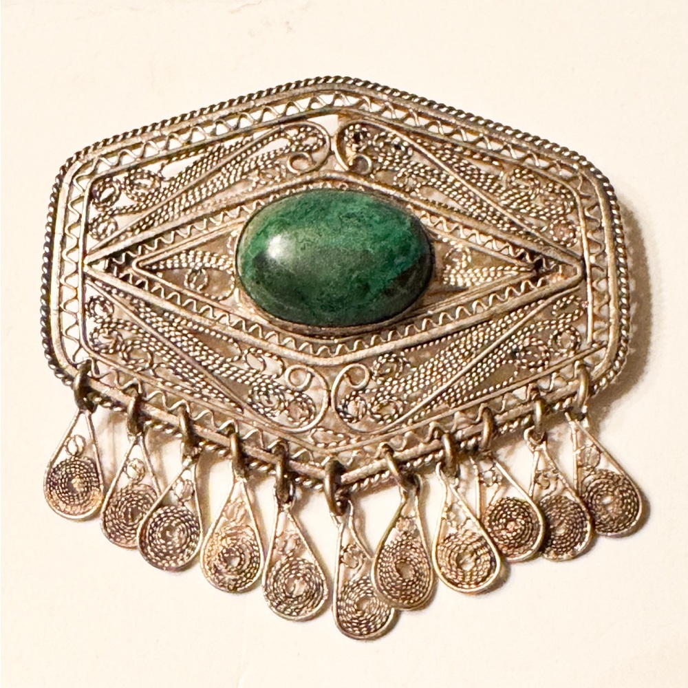 vintage filigree israel 925 silver malachite brooch - 21 grams - 2.5”